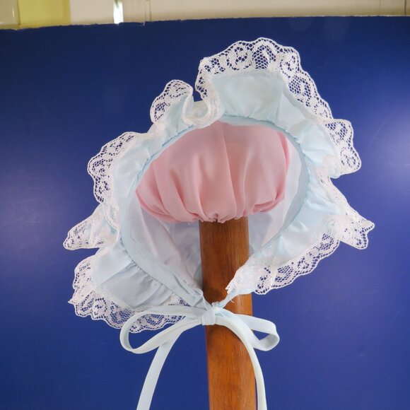 Baby Blue & White Bonnet Ruffles with semi open back & button 11" hat cap - Picture 4 of 6